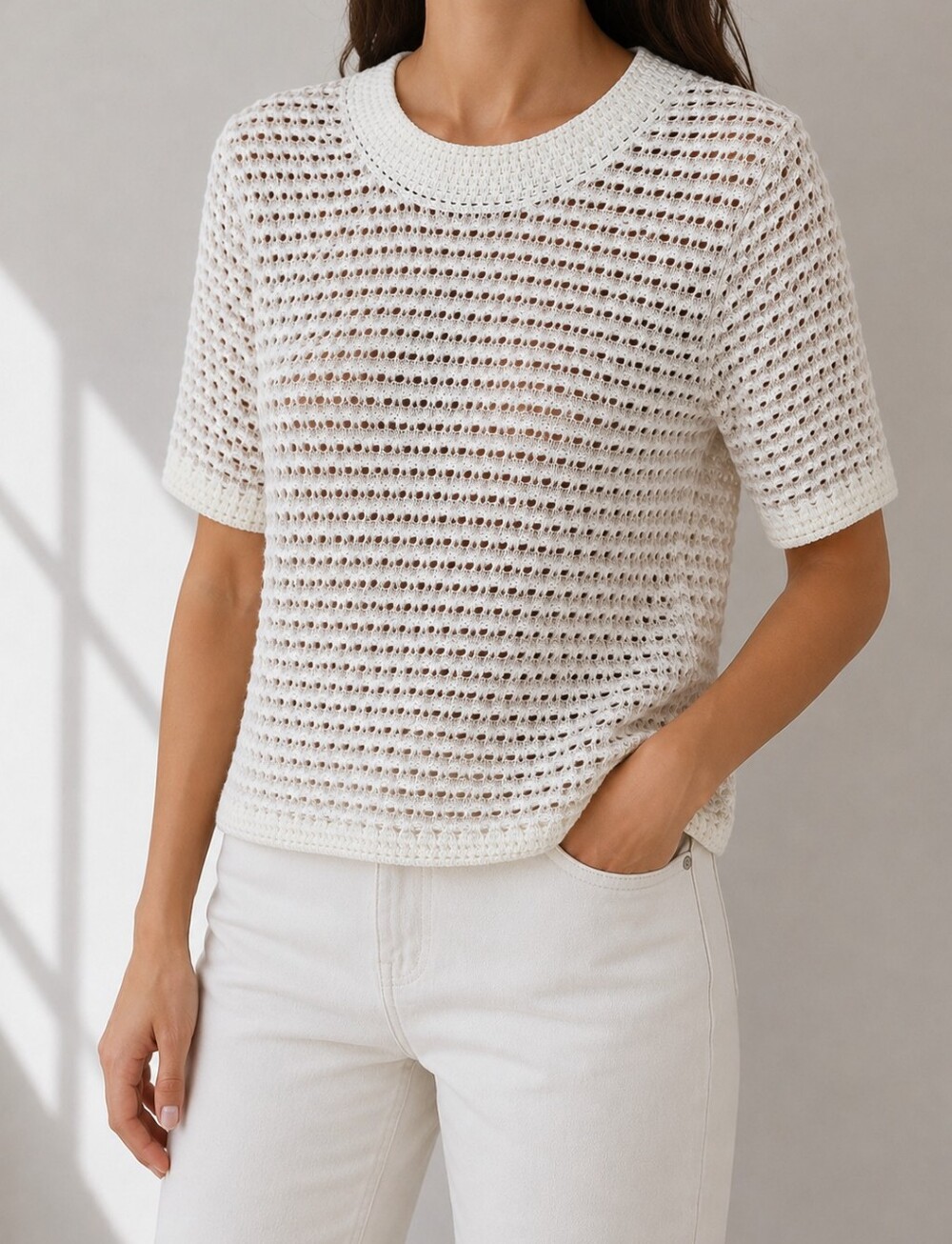 Nanette Lepore Women's Open Knit Crochet Sweater Short Sleeve 100% Cotton Ivory